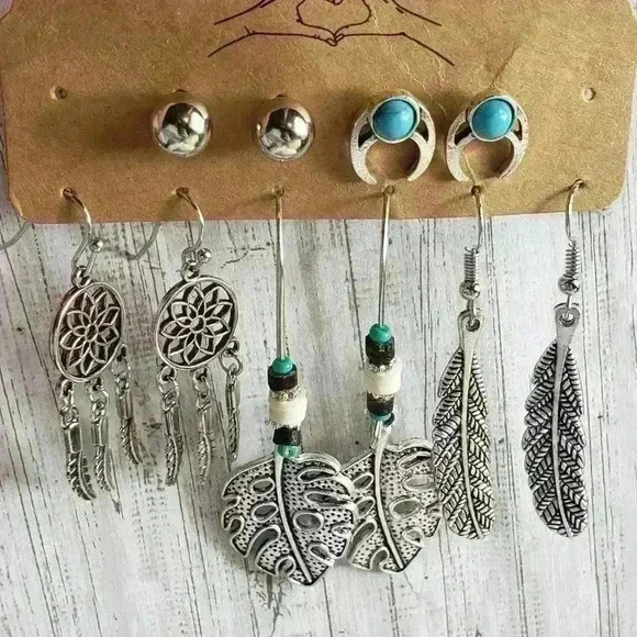 NWT Bohemian Vintage Earrings Silver Alloy Turquoise Bohemian Hippy Western - Picture 7 of 8